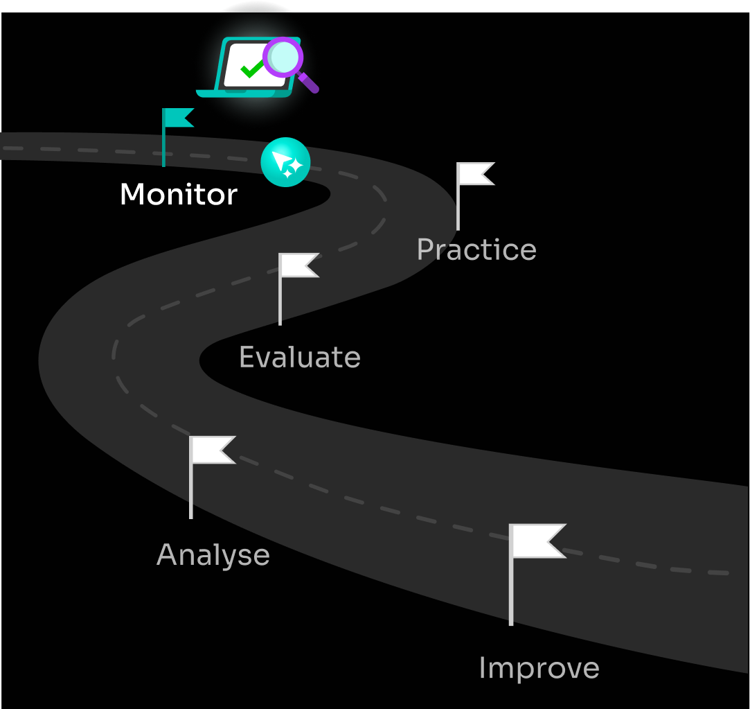UPRIO AI learning roadmap. Step 1 of 5: Monitor — UPRIO's AI monitors your child in real time.